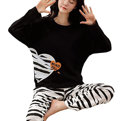 Pijama Mujer Verano, Conjunto De Pijamas De Manga Larga Raya Creativa Amor Estampado De Corazón Pijamas De Algodón De Cuello Redondo Camisón De Invier