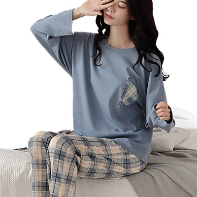 Pijama Mujer Sexy, Conjunto De Pijamas De Manga Larga Estampado A Cuadros Creativo Pijamas De Algodón con Cuello Redondo Azul Camisón De Invierno para