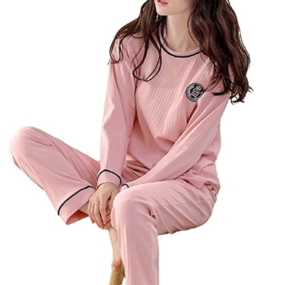 Pijama Mujer Sexy, Conjunto De Pijamas De Manga Larga Estampado De Rayas Creativo Pijamas De Algodón De Cuello Redondo Rosa Camisón De Invierno para M