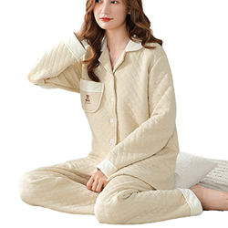Pijama Mujer, Pjs para Mujer Conjuntos De Pijamas Esponjosos De Invierno Conjunto Creativo Estampado A Cuadros Pijamas De Algodón Beige Casual Camisón en oferta