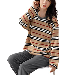 Pijama Mujer Sexy, Pjs para Mujer Conjuntos De Pijamas De Manga Larga De Invierno Conjunto De Pijamas De Algodón con Estampado De Rayas Creativos Cami en oferta