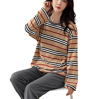 Pijama Mujer Sexy, Pjs para Mujer Conjuntos De Pijamas De Manga Larga De Invierno Conjunto De Pijamas De Algodón con Estampado De Rayas Creativos Cami