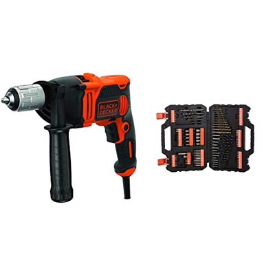 BLACK+DECKER BEH850-QS Taladro percutor 850W, portabrocas de sujeción rápida de 13 mm + A7200-XJ Juego de 109 piezas para atornillar y taladrar con br