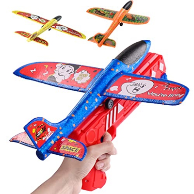 Lanzador de Juguete de avión, Pistola Lanzador de avión con 3 Piezas de avión Planeador de Espuma, Juguetes de avión Volador para niños y niñas de 5 6
