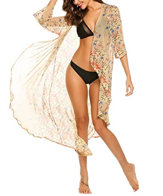 Ekouaer Camisolas y Pareos para Mujer Bikini Cover Up Vestido de Playa Traje de Baño Floral Bohemio Bata, Caqui, S