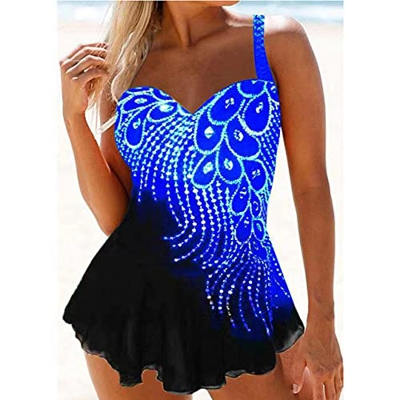 XUNHOU Traje de Baño Mujer Atractivo Sujetador,Traje de baño con Costuras con Estampado de Plumas,Talla Grande Sexy Bikini-Dark Blue_8XL,Traje de baño