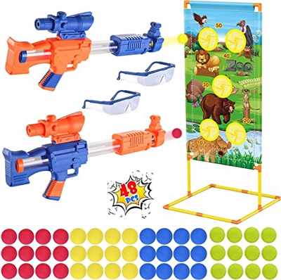 RIVIAX 2 Pistolas de Juguete para Niños + 48 Pelotas/Bolas Espuma Blanda + Objetivo de Disparo Osos + 2 Gafas Seguridad, Blaster Lanzador Juegos de Ti