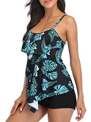 FLYILY Traje de baño con Volantes para Mujer con Control de Barriga diseño Floral sólido Tankini Sets(T-Greenleaf,L)