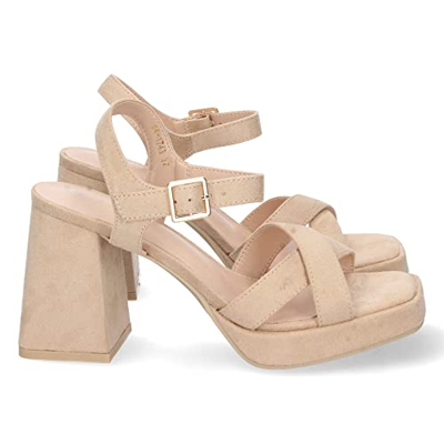 66615-Sandalia de Tacon Ancho, para Mujer, Comodas, con Palas Cruzadas, y Cierre de Hebilla, Primavera Verano 2022. Talla 38 Beige