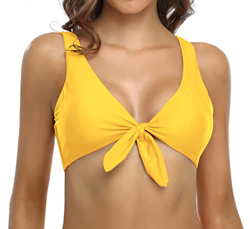 SHEKINI Bikini de 3 Piezas para Mujer Traje de Baño con Cordones Top de Bikini con Cuello En V Profundo Pantalones de Cintura Baja o Alta（L，Amarillo-P en oferta