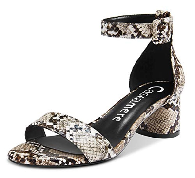 CASTAMERE Zapatos de Tacón Mujer Tira de Tobillo Punta Abierta Sandalias Ancho Tacón 5CM Beige Serpiente Charol Zapatos EU 39