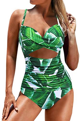 JFAN Traje de baño de una Pieza de Verano para Mujer con Cintura Estrecha y Soporte Cruzado para el Pecho（Verde，XL）