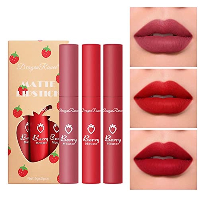 Pintalabios, 3 Colores Líquido Traje Kit de Pintalabios Líquido Mate,Labiales Mate Larga Duracion, Resistente al Agua, Antiadherente, regalo mujer cum