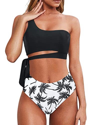 Vancavoo Traje de Baño Mujer Conjunto de Bikini Un Hombro Ahuecados Top con Cordones y Almohadilla en el Pech Bragas de Cintura Alta Bañador Atractivo