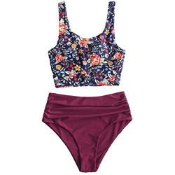 Zaful Traje de baño de dos piezas para mujer, traje de baño acolchado con estampado floral y cordones, tankini de tiro alto, Flor Vino Rojo2, L características