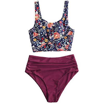 Zaful Traje de baño de dos piezas para mujer, traje de baño acolchado con estampado floral y cordones, tankini de tiro alto, Flor Vino Rojo2, L