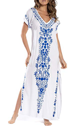 L-Peach Vestido Largo con Floral Bordado Mujer, Blanco Bordado Azul Oscuro, Talla única en oferta