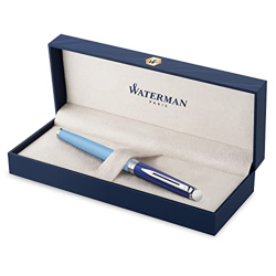 Waterman Hémisphère - Pluma estilográfica, metal y laca azul con borde recubierto de paladio, punta mediana de acero inoxidable, caja de regalo características