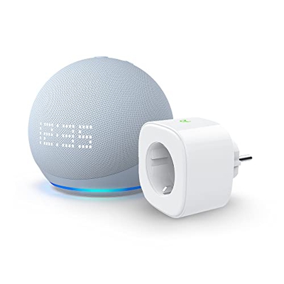 Nuevo Echo Dot (5.ª generación, modelo de 2022) con reloj, Gris azulado + Meross Smart Plug (enchufe inteligente WiFi), compatible con Alexa - Kit de 