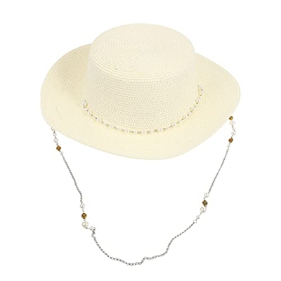 GALPADA Verano Dama para Elegante Creativo Top Mujeres UV Moda Paja Sombrilla Correa Sombrero Viaje con Protección De Cadena Anti-Tejido Gorra Perla A