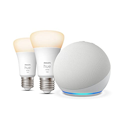 Nuevo Echo Dot (5.ª generación, modelo de 2022), Blanco + Philips Hue White Bombilla Inteligente (E27), Pack de 2, compatible con Alexa - Kit de inici