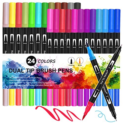 Rotuladores Lettering 24 Colores Rotuladores Doble Punta Fina Acuarelables Profesionales Brush Pen Marcadores para Niños Adultos Bullet Journal Mandal
