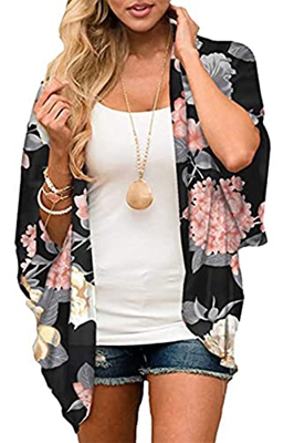 Yutdeng Cárdigans Kimono Mujer Camisolas Casual Gosa Floral Pareos Playa Verano 3/4 Tops Blusa Suelta Boho Bikini Cover Up Caftan Playa Mujer Chal Ver