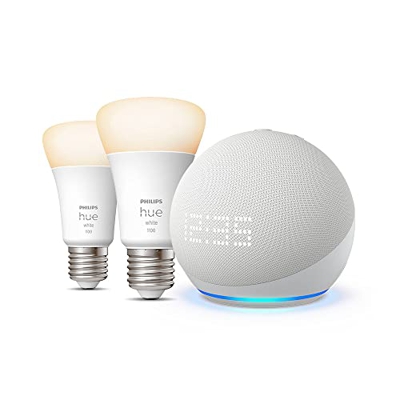 Nuevo Echo Dot (5.ª generación, modelo de 2022) con reloj, Blanco + Philips Hue White Bombilla Inteligente (E27), Pack de 2, compatible con Alexa - Ki