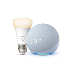 Nuevo Echo Dot (5.ª generación, modelo de 2022) con reloj, Gris azulado + Philips Hue White Bombilla Inteligente (E27), compatible con Alexa - Kit de  características