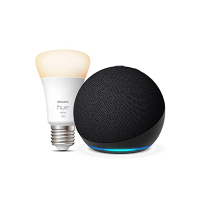 Nuevo Echo Dot (5.ª generación, modelo de 2022), Antracita + Philips Hue White Bombilla Inteligente (E27), compatible con Alexa - Kit de inicio de Hog