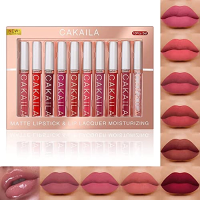 Set de 10 colores de barra de labios líquida mate, barra de labios líquida aterciopelada y desnuda, set de brillo de labios de larga duración e hidrat