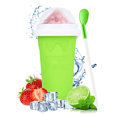 BEE&FLOWER Vaso para hacer granizado, 350 ml, 2 en 1, con cuchara y pajita, diseño de doble capa, para hacer granizado uno mismo en el verano, verde