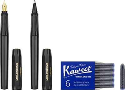 Moleskine x Kaweco Pluma Estilográfica de Plástico ABS con Plumilla Dorada de Tamaño M y Bolígrafo Recargable para Escribir y Tomar Notas, Recarga de 