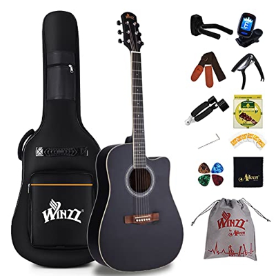 Winzz 41 Pulgadas Acoustic Guitar 4/4 Tamaño Completo para Adolescente Adulto Principiante Set, Negro Cutaway