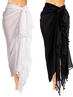 2 Sarongs Largos de Batik de Playa de Mujer con Borla (Negro, Blanco, L)