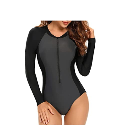 Beachkini Traje de baño para Mujer con protección Solar, Traje de baño de Manga Larga, Ropa de Surf de una Pieza con Cremallera,Gris Negro,L