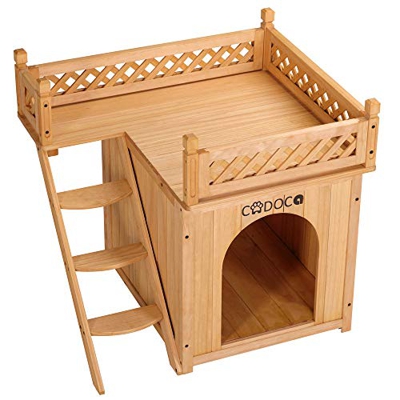 Cadoca Caseta para Gatos 2 Niveles Terraza Escalera Interior Exterior Cueva Madera FSC 64,5x54,5x53,5cm