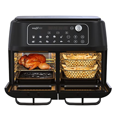 MAXXMEE Freidora de aire digital de doble cámara con puertas de vidrio y zonas de cocción sincronizadas, 11L, negro