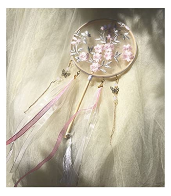 UNIDRO Durable Fan de Palmera Mostrar en la Pasarela Hanfu Chica Circular Fan Temple Fan Ventilador Pequeño Bordado Antiguo Estilo Mango Largo Danza W