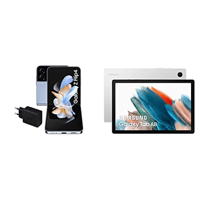 Samsung Galaxy Z Flip4 5G (256 GB) + Cargador + Tab A8 - Bundle Smartphone Azul, Móvil Plegable Android + Tablet de 10.5” (3GB RAM, 32GB Almacenamient