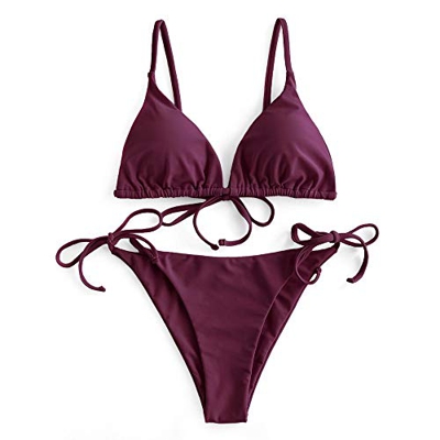 ZAFUL Bikini acolchado para mujer, de un solo color, con triángulo, con tirantes finos., borgoña, S