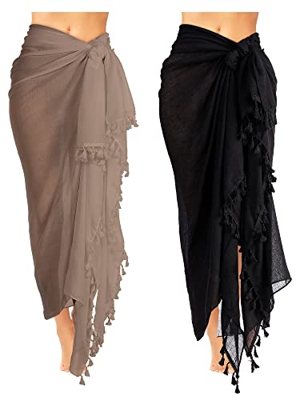 2 Sarongs Largos de Batik de Playa Mujer con Borla (Negro, Caqui, XL)
