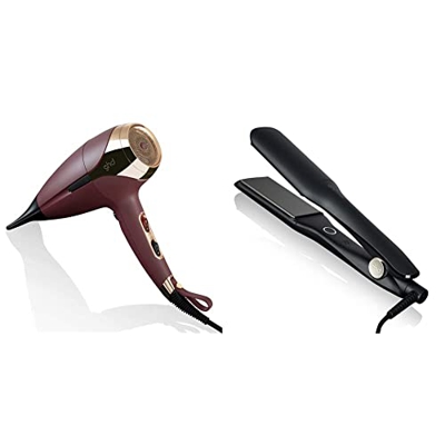 ghd Helios - Secador de pelo profesional con tecnología aeroprecis, Burdeos & max - Plancha de pelo profesional con placas anchas para cabello largo,