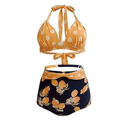 Viloree Conjunto de Bikini para Mujer Traje de Baño Elegante con Cuello Halter Conjunto de Bikini Vintage 2 Piezas Cintura Alta para Mujer Top Amarill