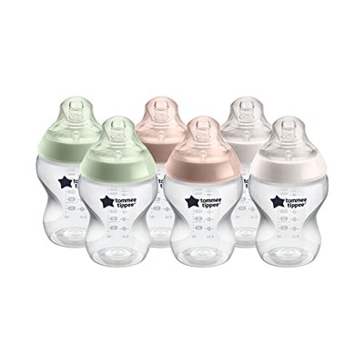 Tommee Tippee - Biberónes con Tetina con Forma de Pecho y Válvula Anticólico, 260 ml, Pack de 6, Colores Mixtos