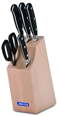 Taco de cinco cuchillos y chaira Arcos Riviera 234300 de acero inoxidable  NITRUM en madera de haya