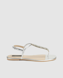 Zendra Basic - Sandalias Planas De Mujer De Piel Plata Con Adorno De Pedrería en oferta