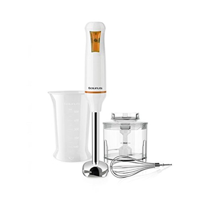 Taurus Robot Unic Plus INOX-Batidora de Vaso (500 W, Cuchillas en Acero Inoxidable, Sistema antisalpicaduras, Accesorios), Blanco y Naranja, 0 Decibel