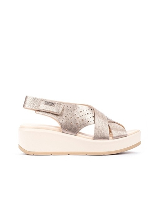 Pikolinos - Sandalias De Cuña De Mujer De Piel Troquelada En Color Plata