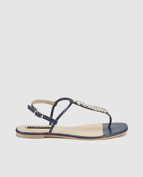 Zendra Basic - Sandalias Planas De Mujer De Piel Azul Con Adorno De Pedrería precio